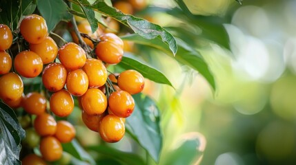 A close-up of a ripe orange fruit on a tree branch, with a blurred green background and a soft focus on the fruit.