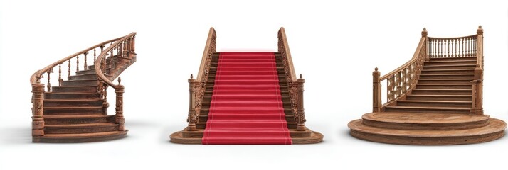 Three elegant wooden staircases with a red carpet