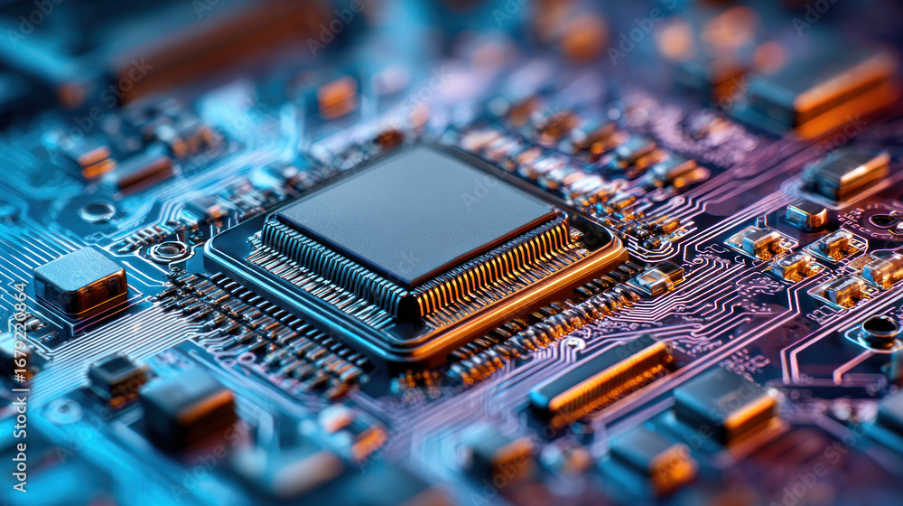Aufkleber a close-up shows a microchip on a circuit board, surrounded by complex components and colorful light