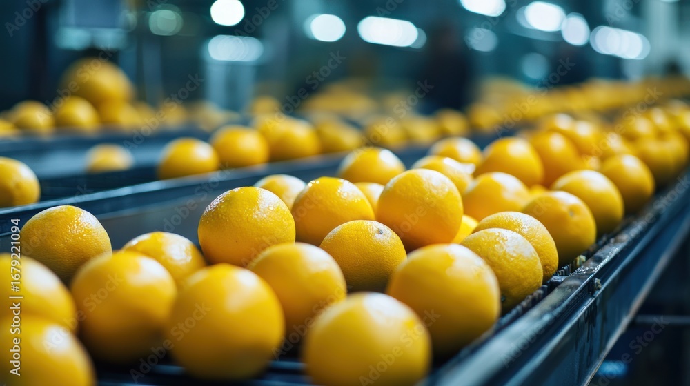 Poster a conveyor belt with oranges moving along it, with a blurred background of more oranges, creating a 