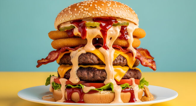 Burger keju ganda dengan bacon, bawang bombay, dan saus