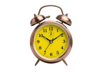 Classic twin bell alarm clock with yellow face and copper finish isolated on transparent background