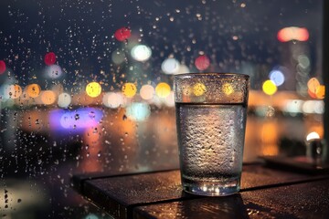 A glass of water on a table, overlooking a city at night through a rainy window