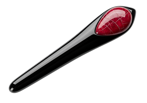 A polished black beauty tool features a striking red gemstone tip, showcasing a sophisticated and elegant design.