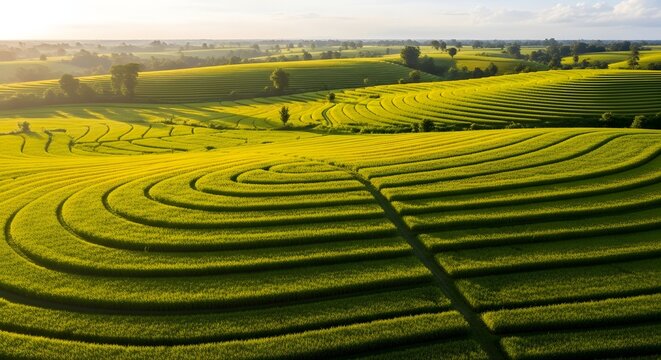 Aerial View of Green Crop Field with Circular Tractor Tracks at Sunset, Rural Farmland