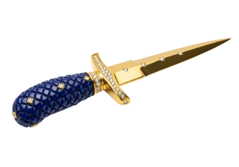 A lavishly decorated dagger, crafted from gold and adorned with numerous diamonds, boasts a striking blue handle featuring a textured pattern.