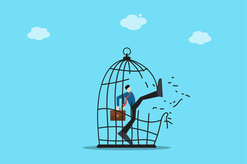 Businessman breaking free from cage, concept of freedom, career independence, escaping limitation, entrepreneurship, personal growth, success, and work life liberation illustration
