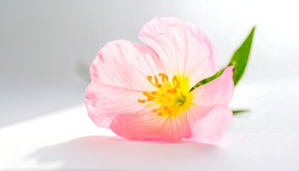 Delicate, pale pink flower rests gently on a plain white surface, showcasing its soft petals and vibrant center.