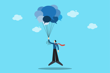 Businessman flying with speech bubble balloons, concept of communication, social media growth, networking, business success, digital marketing, and innovation in modern business illustration