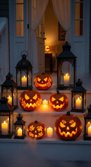 Fototapeta premium Lit jack-o'-lanterns and lanterns on porch steps create a Halloween scene, symbolizing autumn, festivity, and spooky celebration