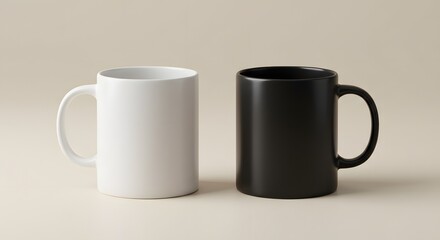 Fototapeta premium A classic pair of contrasting black and white coffee mugs standing side-by-side on a neutral background, perfect for branding mockups