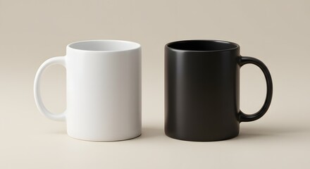 Obraz premium Contrasting black and white ceramic mugs set against a clean background, ideal for product mockup or promotional material