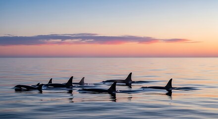 Naklejka premium A pod of orcas swims in the ocean at sunset, their dorsal fins cutting through the water.