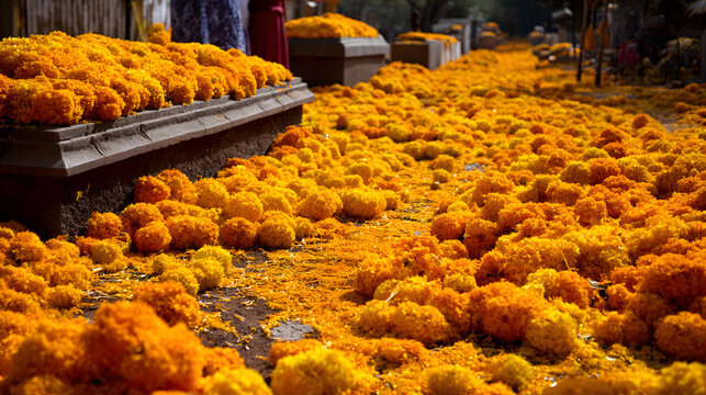 Vibrant marigold petals blnket gravesites, guiding sirits back home during Novmber's Day of the Dead celbration