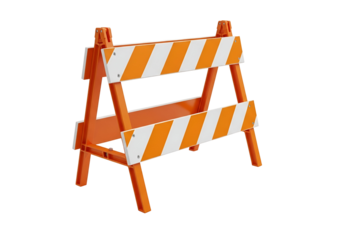 A sturdy orange and white construction barricade stands prominently against a black background.