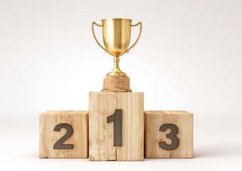 Gold trophy on a wooden podium (1)