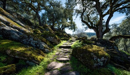 Stone path through mossy forest landscape