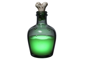 A glass apothecary bottle, filled with a luminous, vibrant green liquid, is topped with a stylized bone stopper against a stark black background.