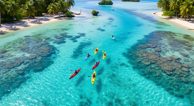 Aerial View Kayaking Tropical Paradise Crystal Clear Turquoise Water Coral Reef Island
