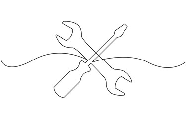 continuous One line drawing of pliers, screwdriver, wrench.