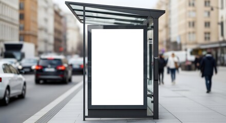 City bus stop with a blank white advertising lightbox display for a poster mock up template on a blurred street background