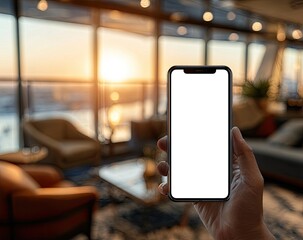 Smartphone held in hand, modern interior (1)