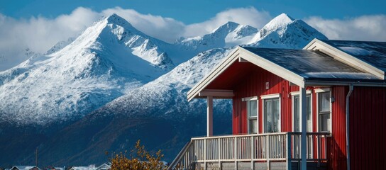 Red house with snowy mountains in background