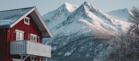 Red cabin with snowy mountains in winter landscape