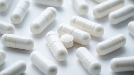 A collection of white pills scattered on a white surface, with some appearing to be capsules and others tablets. The pills are of various sizes and shapes,