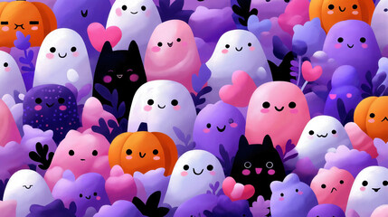 A colorful Halloween flat lay featuring cute, cartoonish ghosts in various shades of pink and purple, along with a black cat and a pumpkin. Ample copy space available.