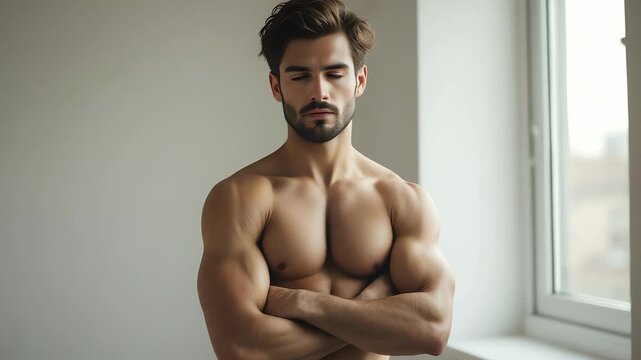Intense Gaze of a Confident Shirtless Man with a Sculpted Muscular Physique.