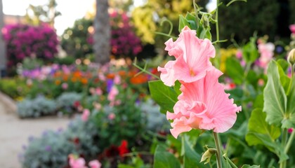 Delicate pink sweet pea blossoms stand out against a vibrant garden display of various flowers.