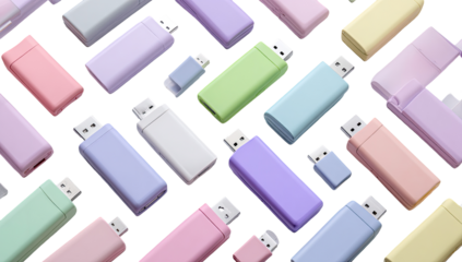Pastel-colored rectangular devices arranged in a grid pattern on a black background.  Each device has a slightly raised edge and a visible connector