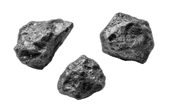 Three grayscale rocks, irregular shapes, close-up