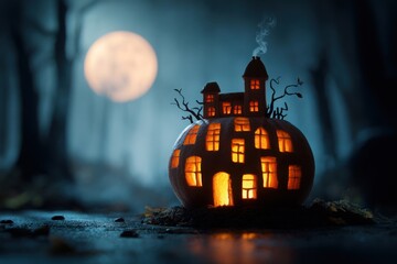 Creative Haunted House Jack-o'-Lantern in a Shadowy Forest Clearing with a Full Moon