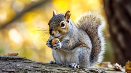 Fototapeta premium A squirrel with a nut in its mouth, sitting on a tree branch in a forest with autumn leaves in the background.