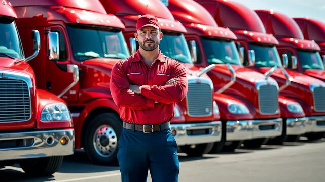 Confident truck driver in uniform standing with folded arms in front of multiple red semi trucks in row