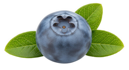 Fresh blueberry with green leaves detailed macro close-up natural food photography on black transparent background