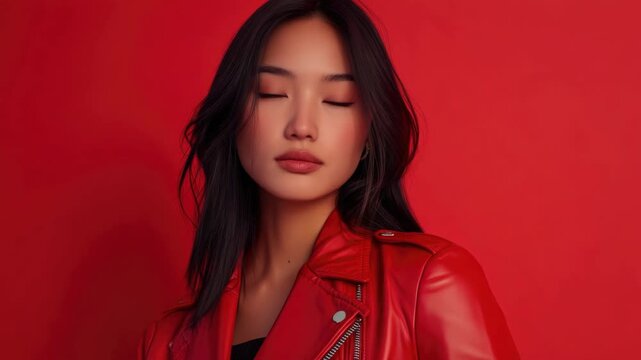 Asian woman with dark hair and red lips poses in a modern, vibrant red jacket against a bright background.