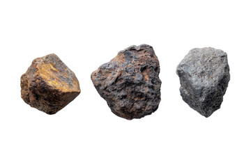 Three rocks of varied shades of brown and gray, displayed against a black background