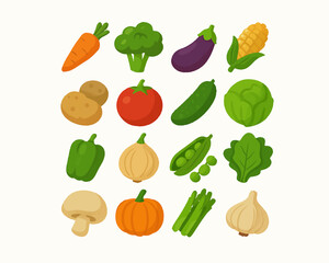 Colorful flat vector illustration of various fresh vegetables.