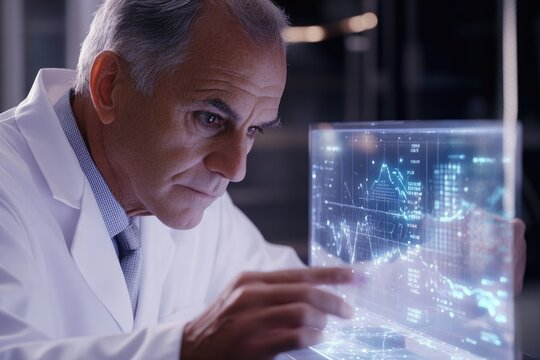 A senior scientist meticulously examines complex data visualizations on a futuristic transparent screen, deeply engrossed in his research.