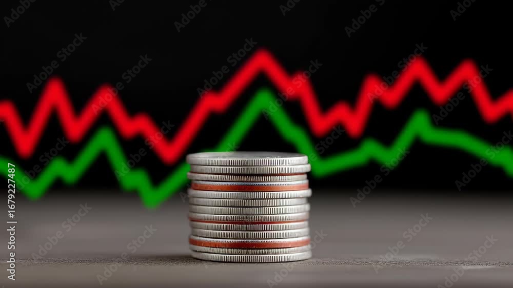 Poster Analyzing Bond Yields Trends with Stacked Coins and Financial Graph in Background