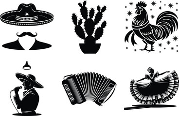Cinco de Mayo Silhouette, Cinco de Mayo svg. Festival Mexican culture icons set Art with Black Silhouettes.