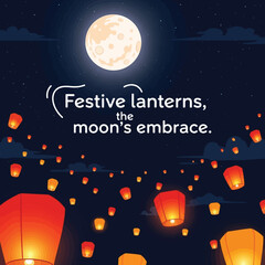 A beautiful night scene featuring floating lanterns under a full moon, celebrating a cultural festival.