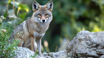 Naklejka premium A coyote sitting on a rock with a blurred background.