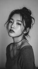 Portrait of a young woman with a natural expression wearing a casual outfit in black and white setting