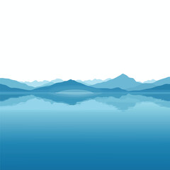 A calm blue lake reflects a range of layered  minimalist mountains