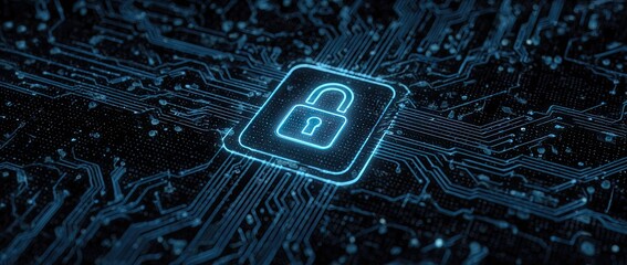Digital padlock glowing on a futuristic circuit board symbolizing cybersecurity and data protection.
