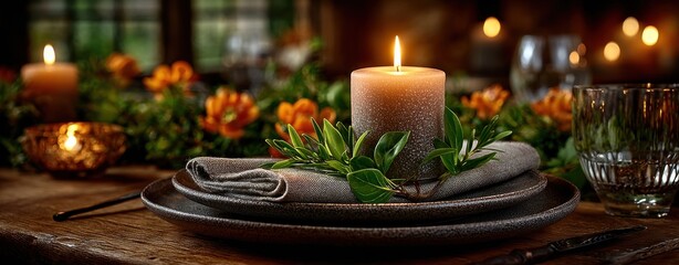 Naklejka premium Elegant table setting with candle and greenery.